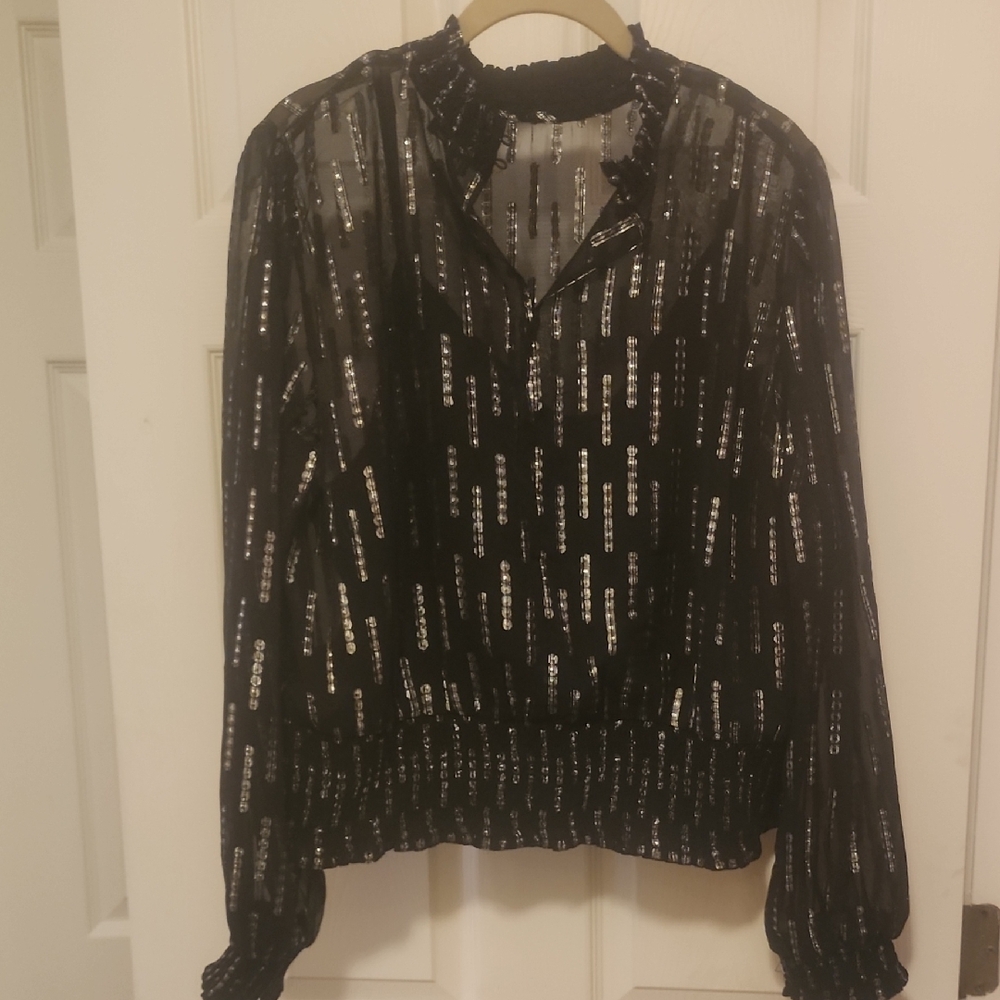 Express Black Blouse with Silver Sequin Stripes